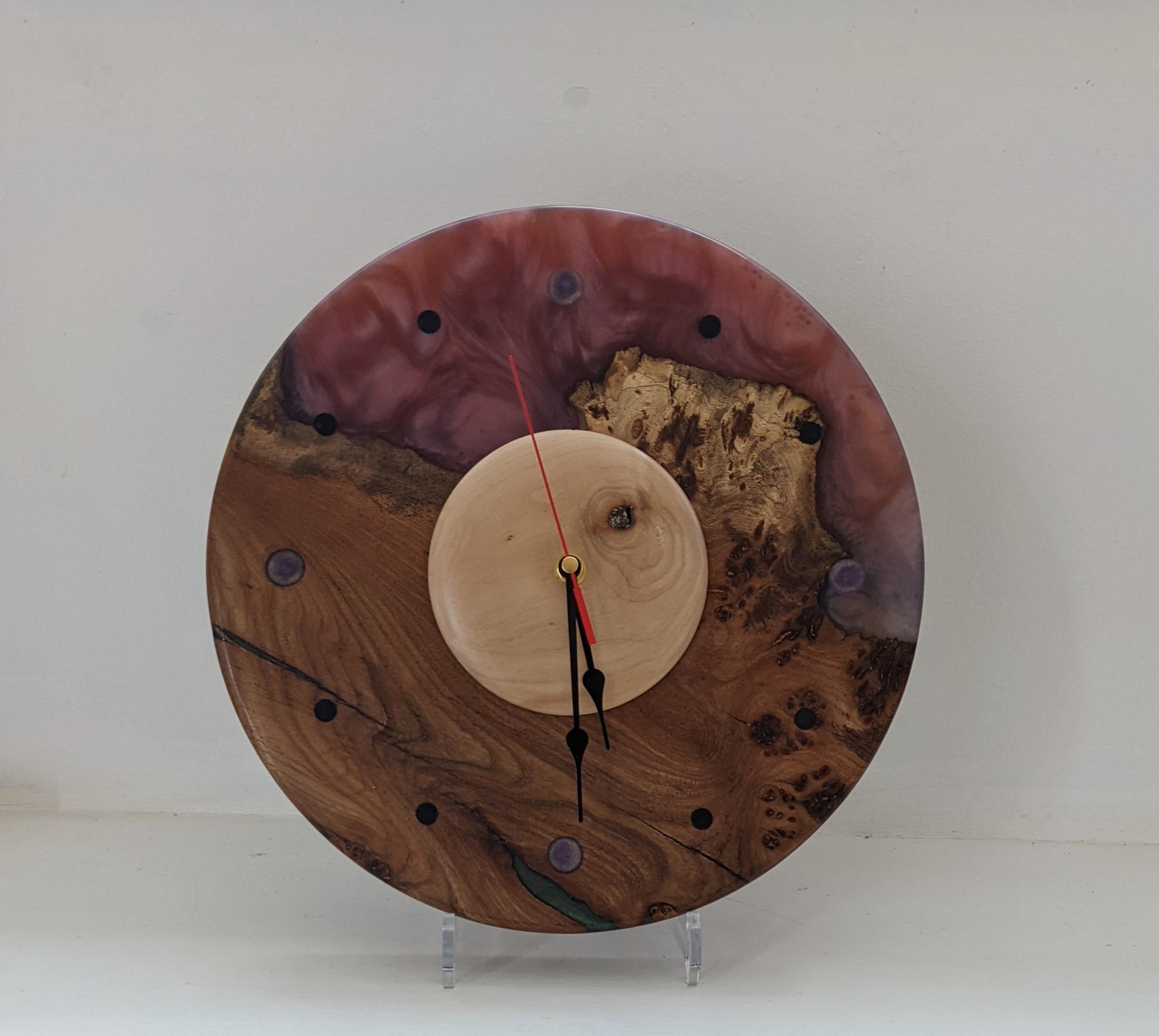 Walnut Burr and Metallic Purple Resin Clock