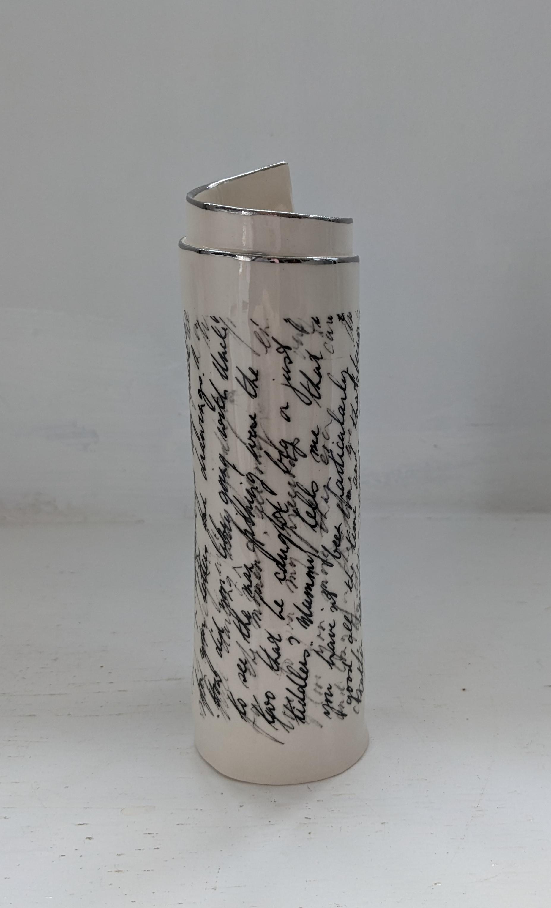 Large White Script Scroll Bud Vase