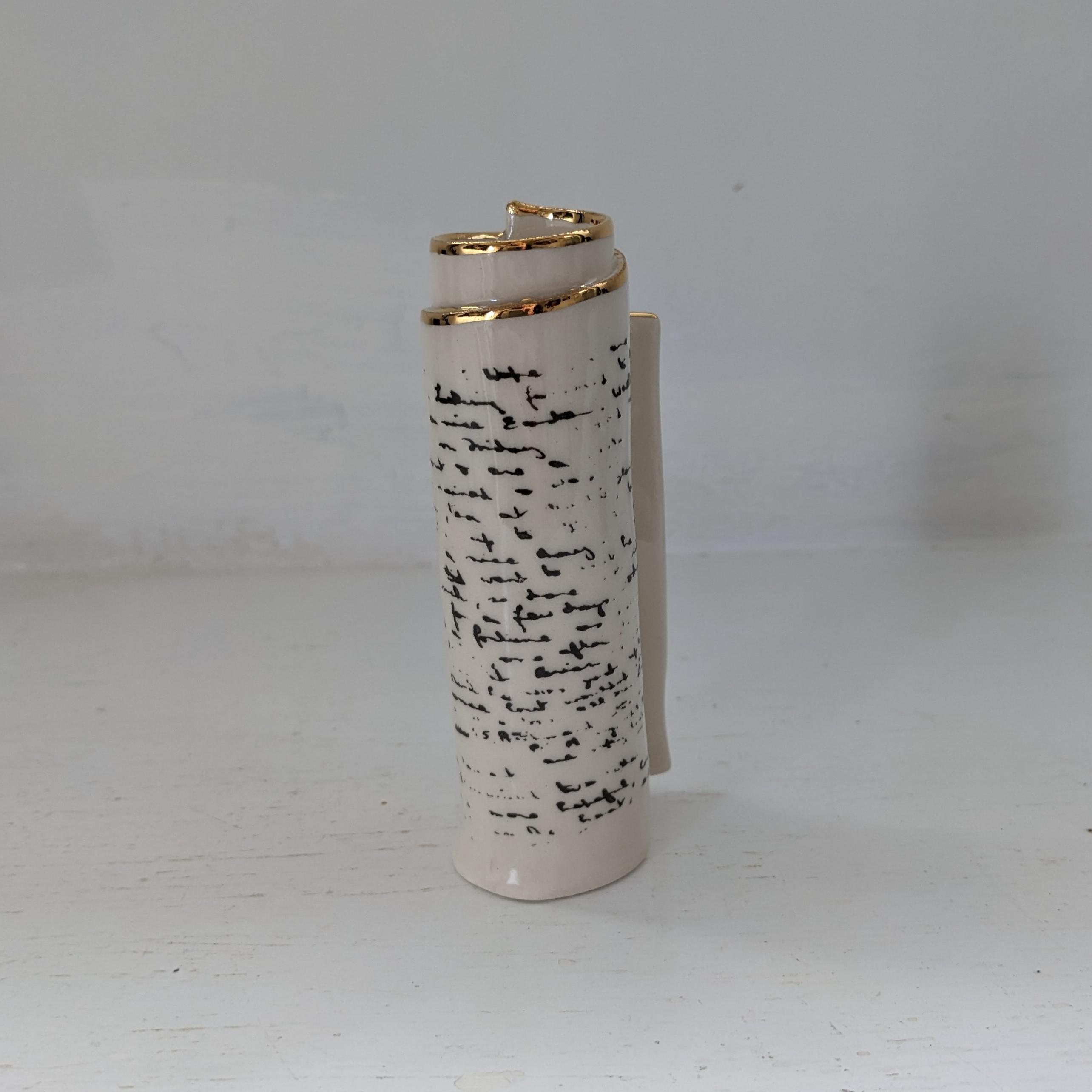 Small White Script Scroll Bud Vase