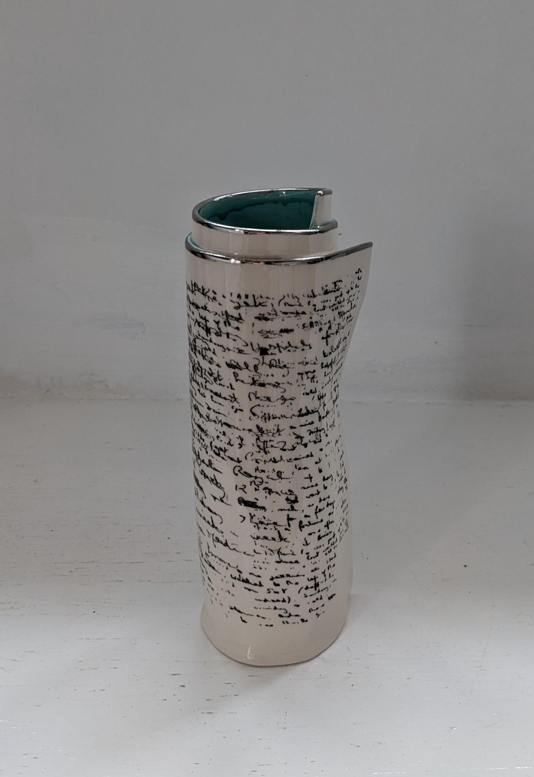 Large Turquoise Script Scroll Bud Vase