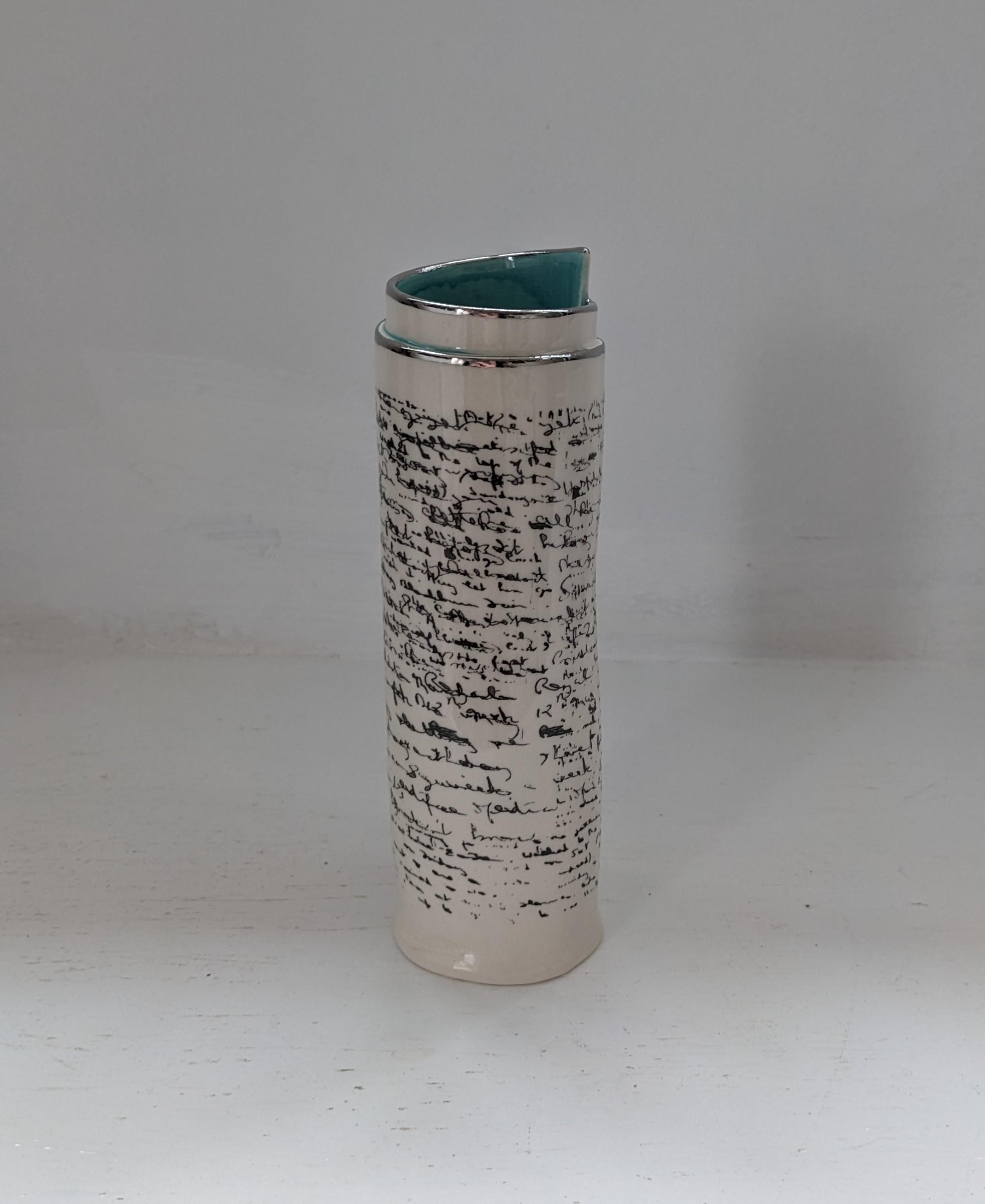 Large Turquoise Script Scroll Bud Vase