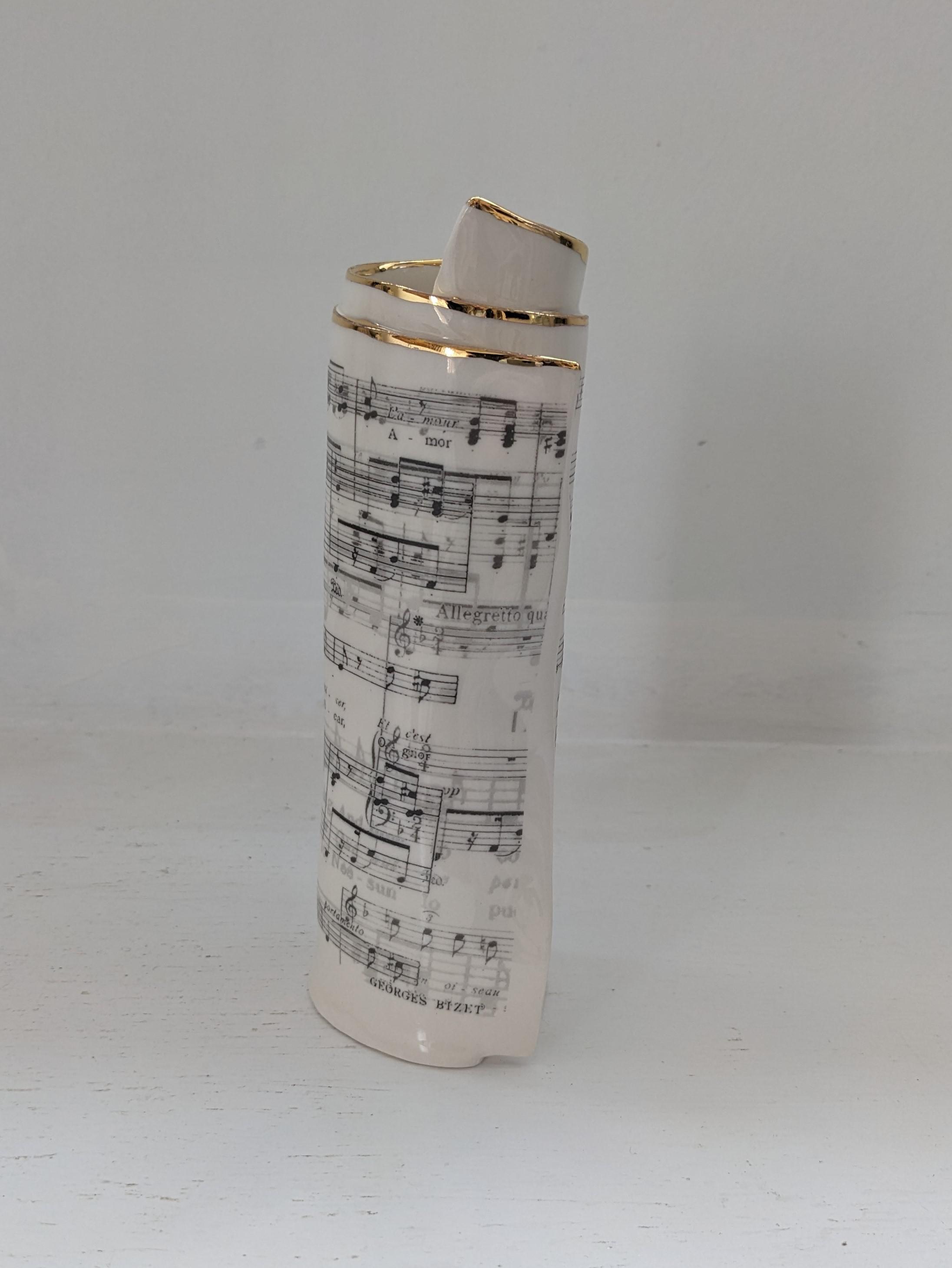 Large White Music Scroll Bud Vase